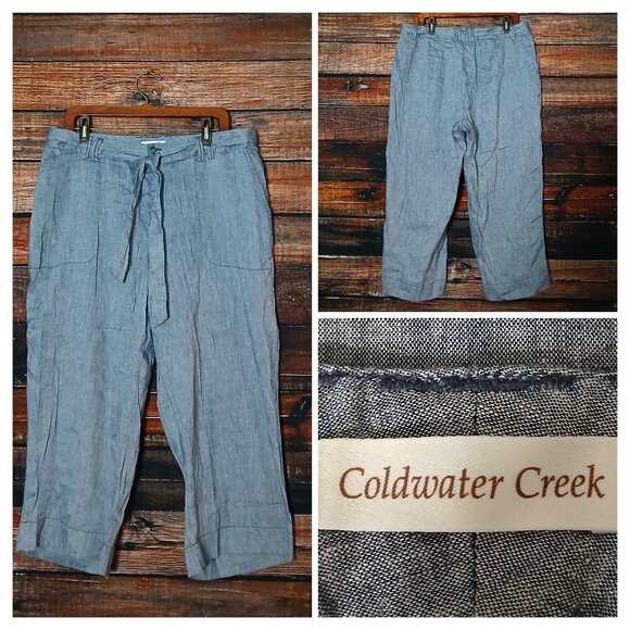 Coldwater Creek Capri Pants Size 16 Belted Wide Leg Linen Blend Steel Blue - Picture 1 of 9